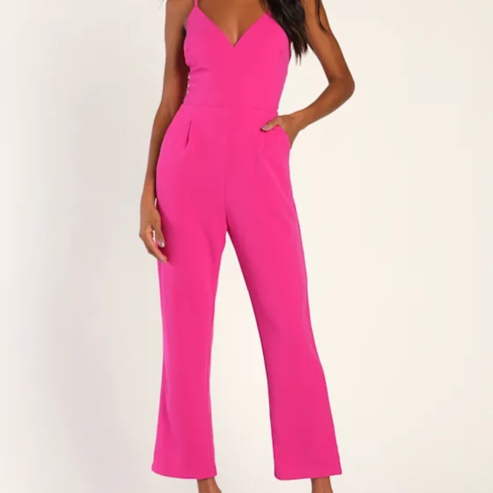 Lulu's Hot Pink V-Neck Jumpsuit